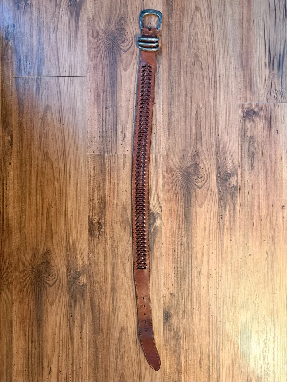 unisex Brown Leather braided Belt with Silver Buckle